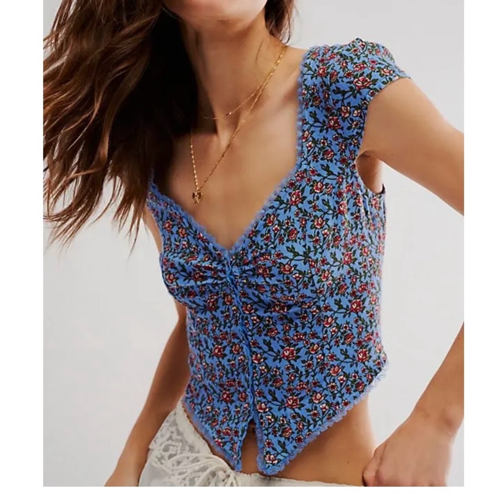 Free People Faye Printed Top in Blue Lake Combo size Small